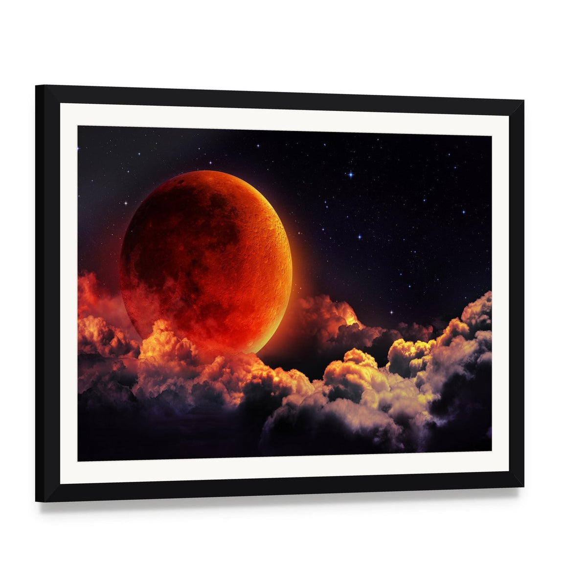 Red Planet with Clouds Canvas Wall Art, framed print with white mat and black frame, angled product view