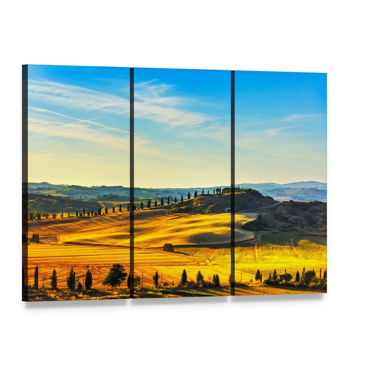 Cypress-lined Path to Hilltop Farmhouse Canvas Wall Art, 3 panel 3 Horizontal layout gallery wrapped canvas set, angled product view