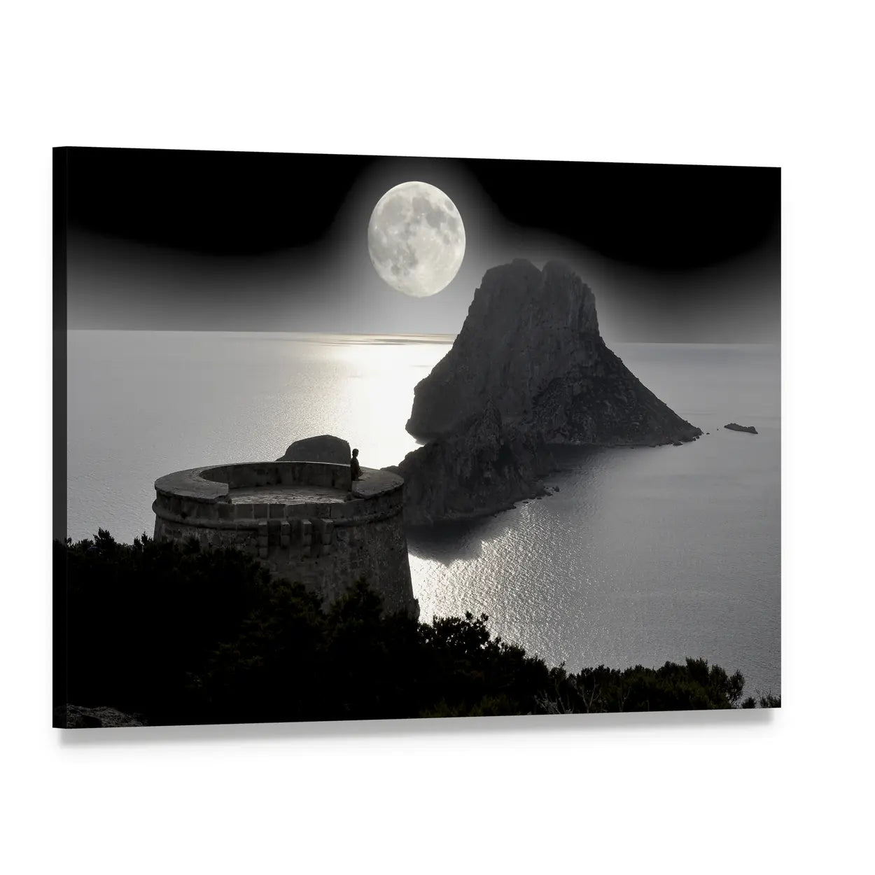 Moonlit Watchtower on Rocky Island Canvas Wall Art, single panel gallery wrapped canvas, angled product view