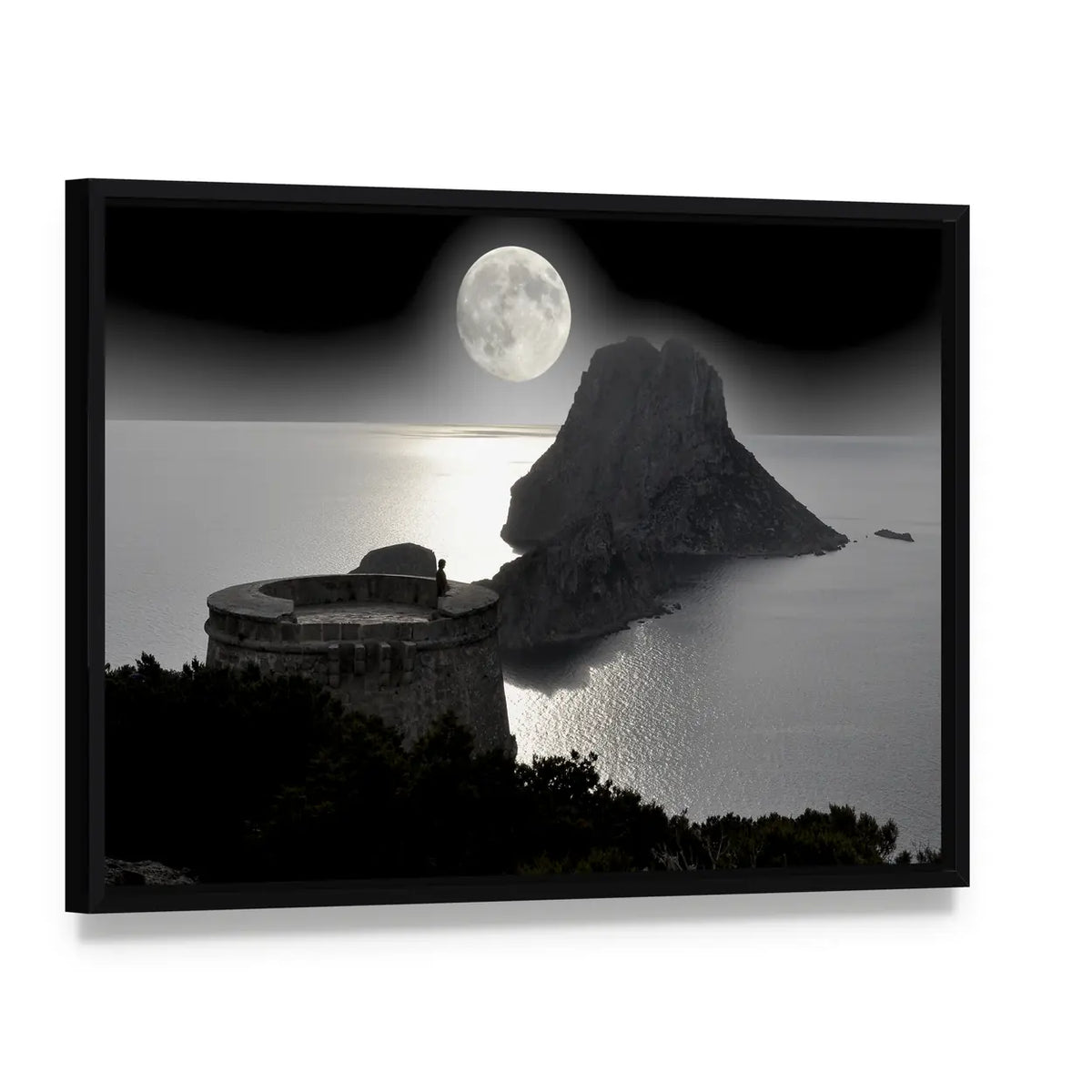 Moonlit Watchtower on Rocky Island Canvas Wall Art, framed canvas in a black floater frame, angled product view