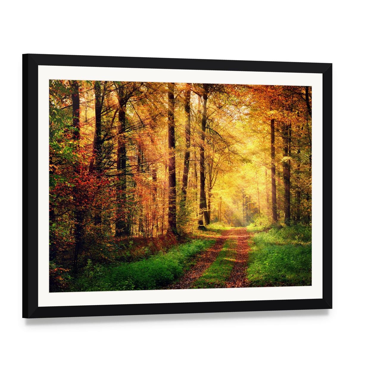Autumn Forest Pathway Canvas Wall Art, framed print with white mat and black frame, angled product view
