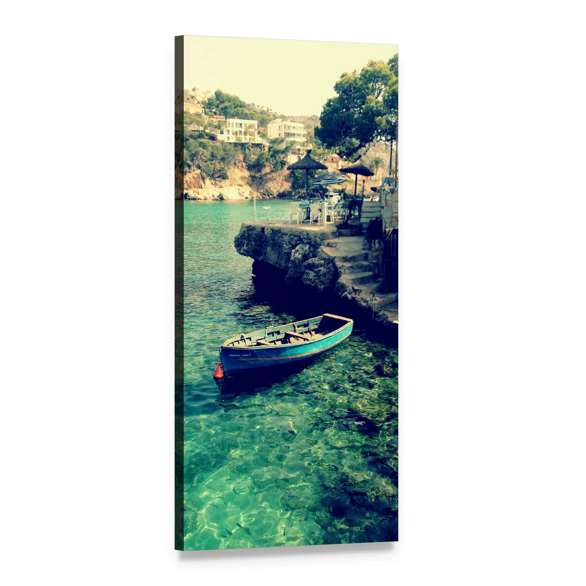 Blue Rowboat on Turquoise Water Vertical Canvas Wall Art, 1 panel 1 Vertical layout gallery wrapped canvas set, angled product view