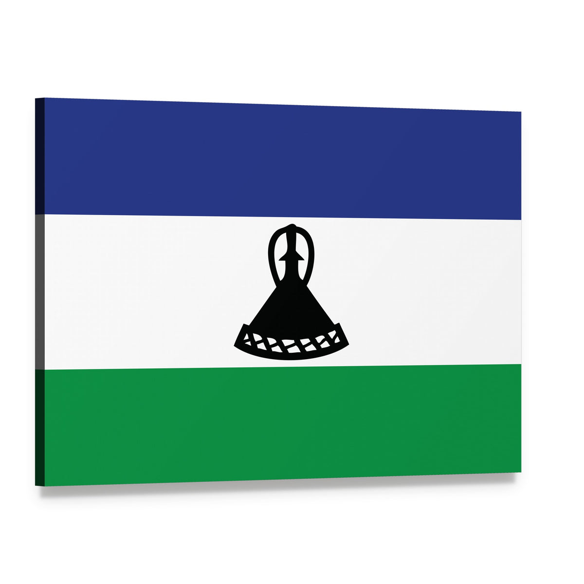 Lesotho Flag with Mokorotlo Canvas Wall Art, single panel gallery wrapped canvas, angled product view