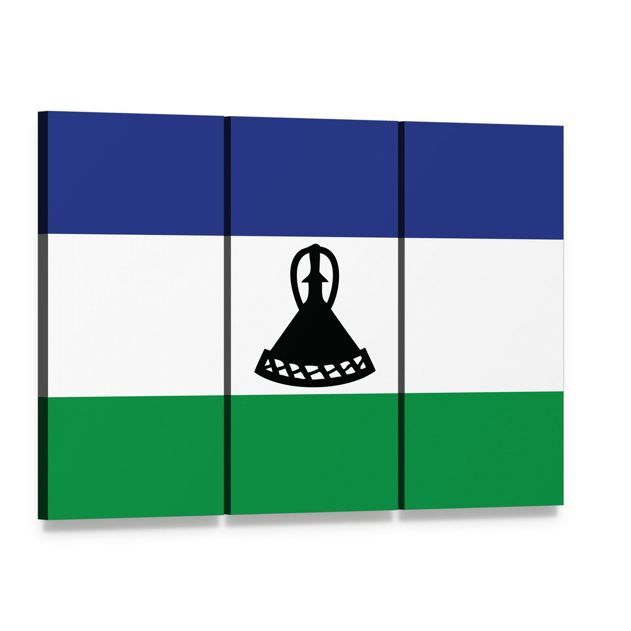 Lesotho Flag with Mokorotlo Canvas Wall Art, 3 panel 3 Horizontal layout gallery wrapped canvas set, angled product view