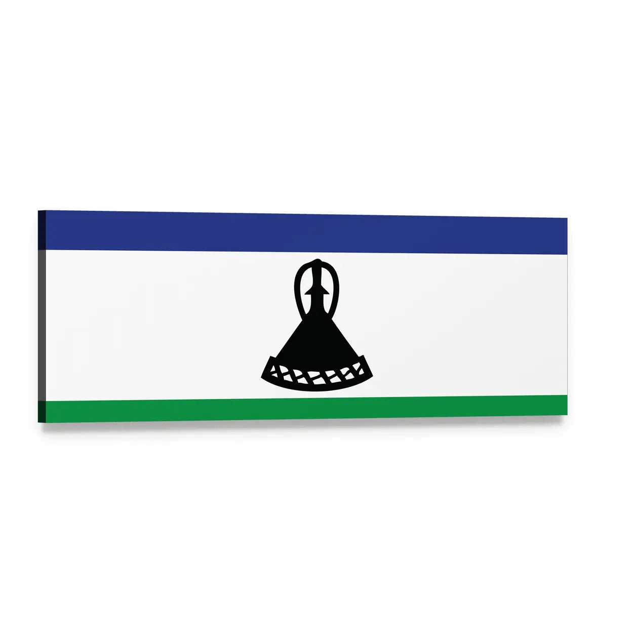 Lesotho Flag with Basotho Hat Emblem Panoramic Canvas Wall Art, single panel gallery wrapped canvas, angled product view