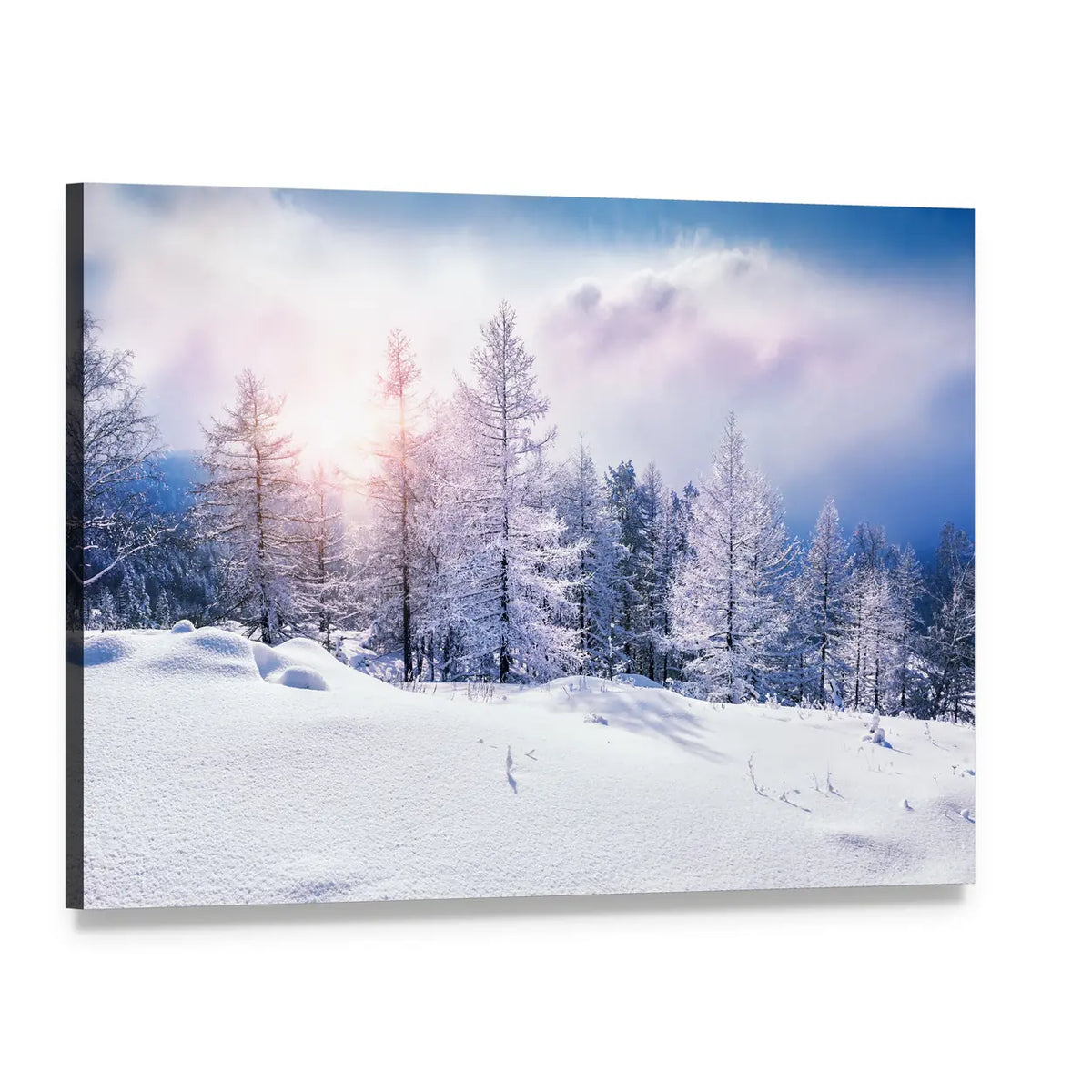 Snow-covered Mountain Trees Canvas Wall Art, single panel gallery wrapped canvas, angled product view