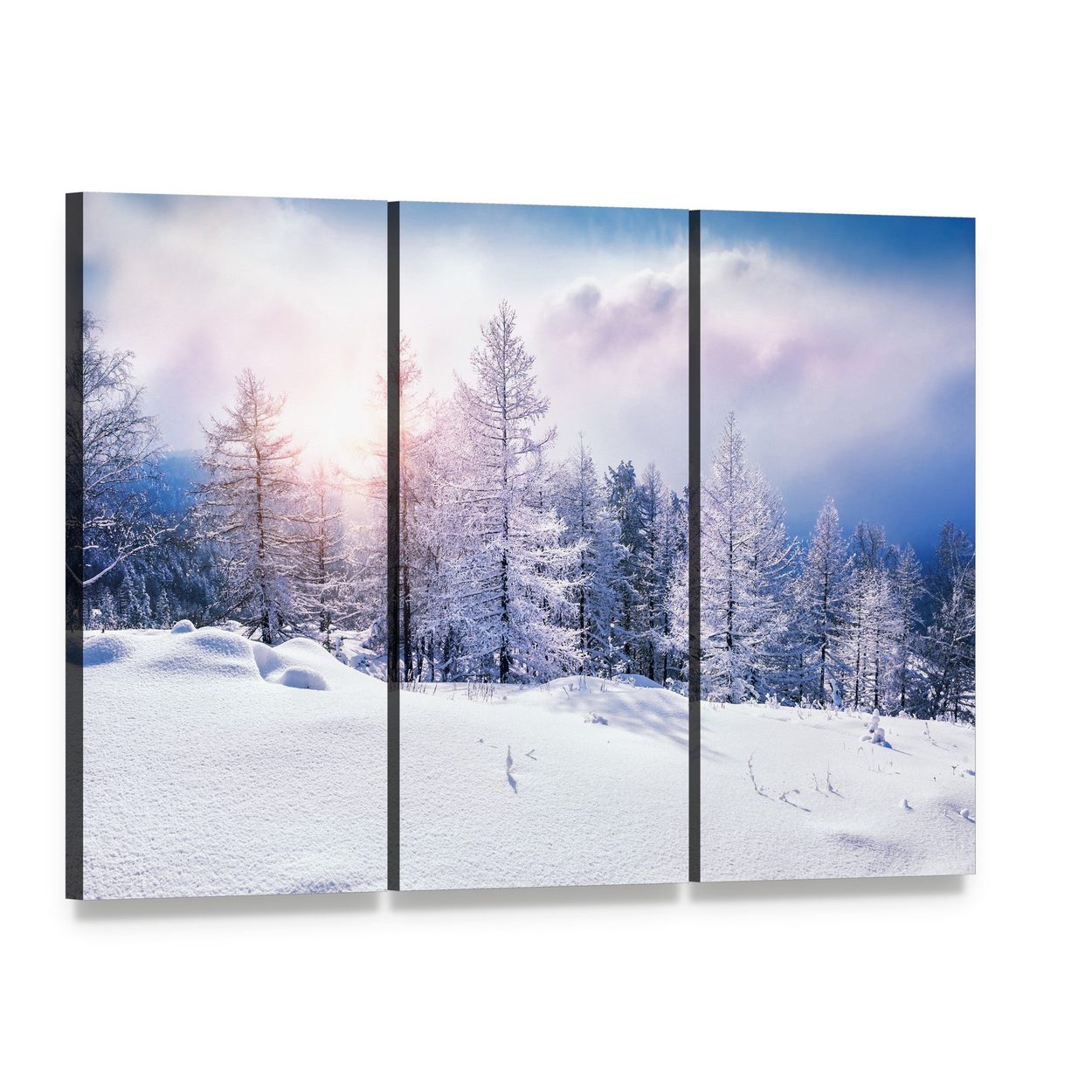 Snow Covered Trees at Sunset Canvas Wall Art, 3 panel 3 Horizontal layout gallery wrapped canvas set, angled product view