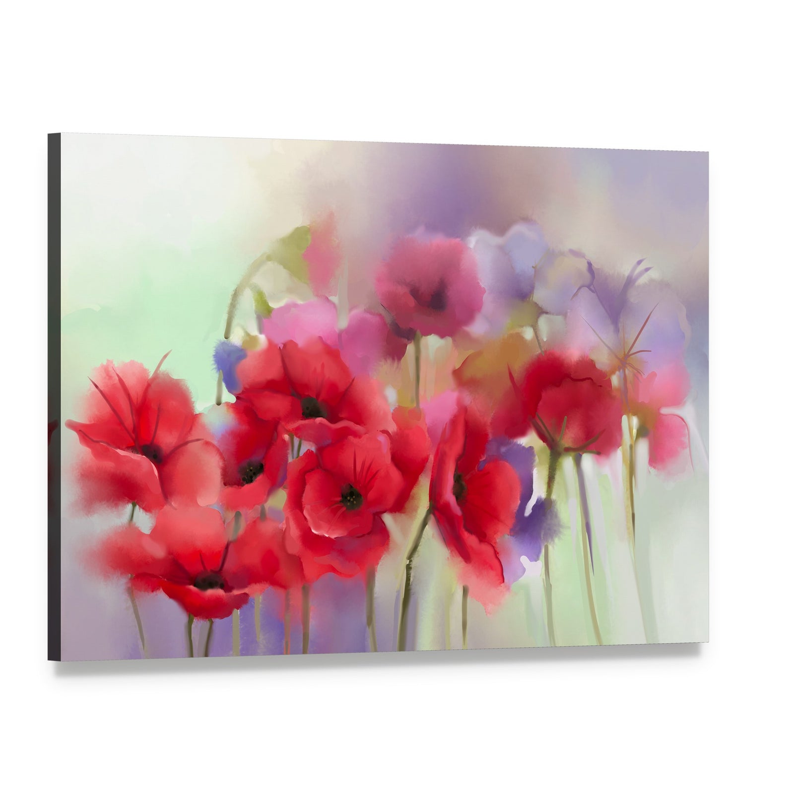 Watercolor Red Poppy Flowers Painting Canvas Wall Art, single panel gallery wrapped canvas, angled product view