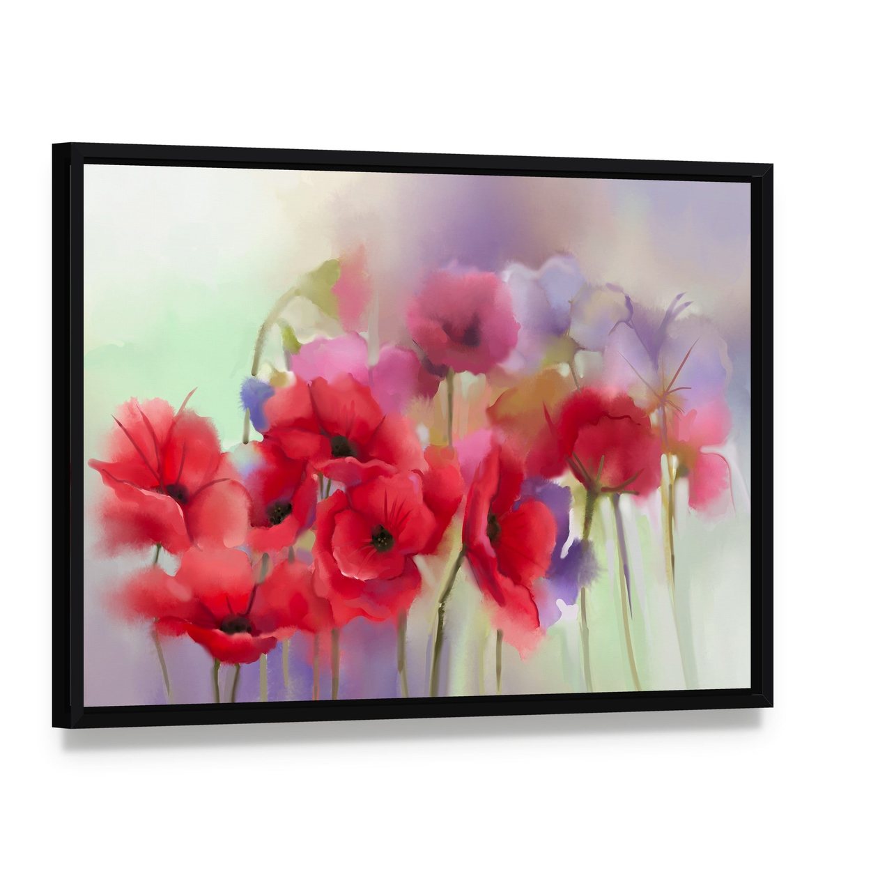 Watercolor Red Poppy Flowers Painting Canvas Wall Art, framed canvas in a black floater frame, angled product view