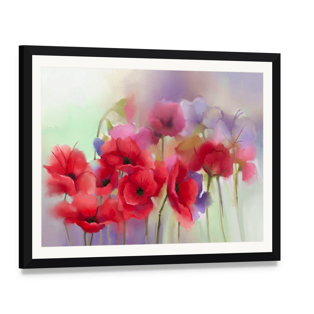 Watercolor Red Poppy Flowers Painting Canvas Wall Art, framed print with white mat and black frame, angled product view