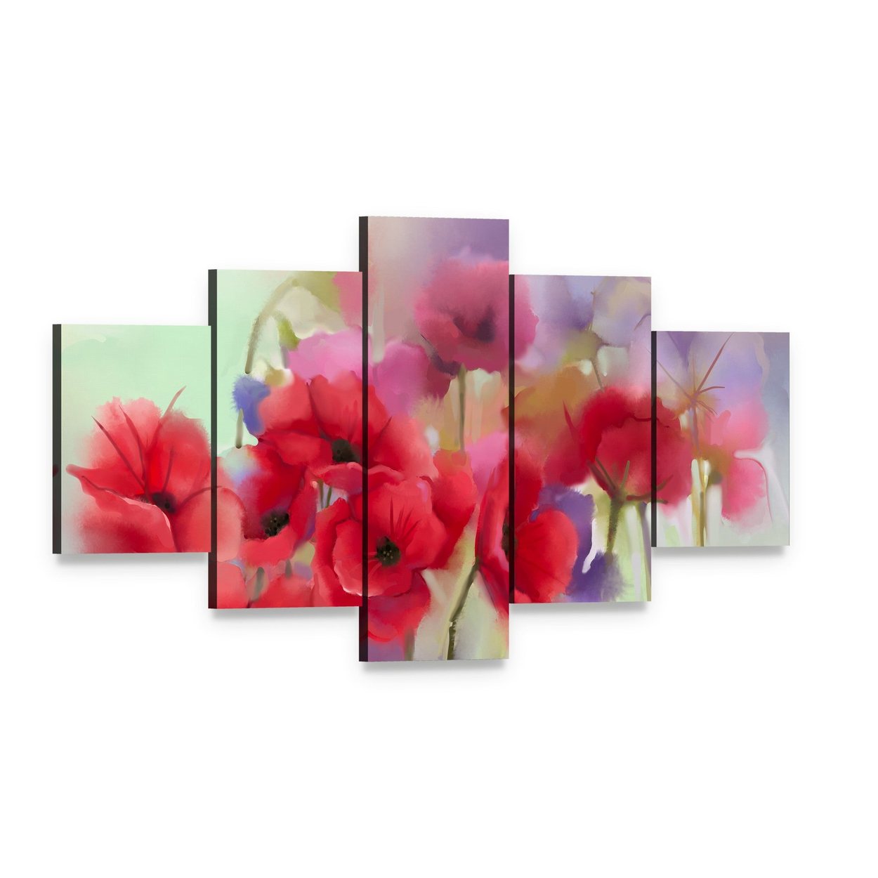 Watercolor Red Poppy Flowers Painting Canvas Wall Art, 5 panel 5 Star layout gallery wrapped canvas set, angled product view