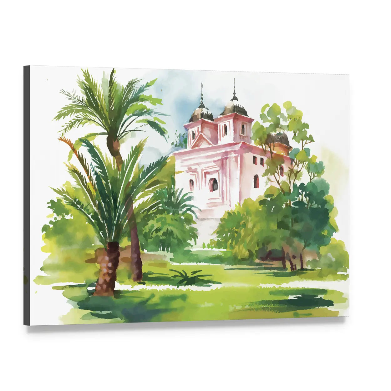 Pink Dome and Palm Trees Watercolor Canvas Wall Art, single panel gallery wrapped canvas, angled product view