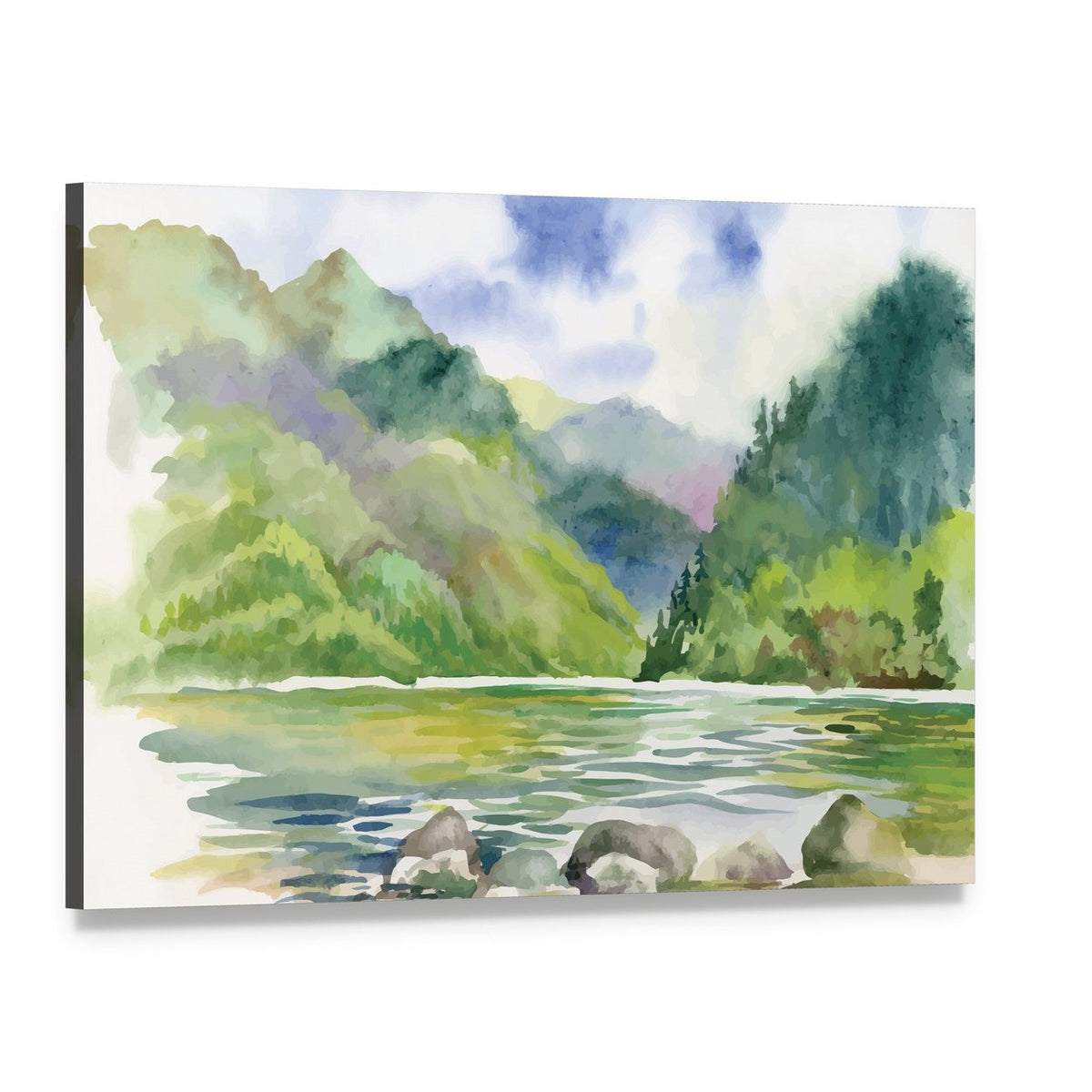 Watercolor Summer River Landscape Canvas Wall Art, single panel gallery wrapped canvas, angled product view