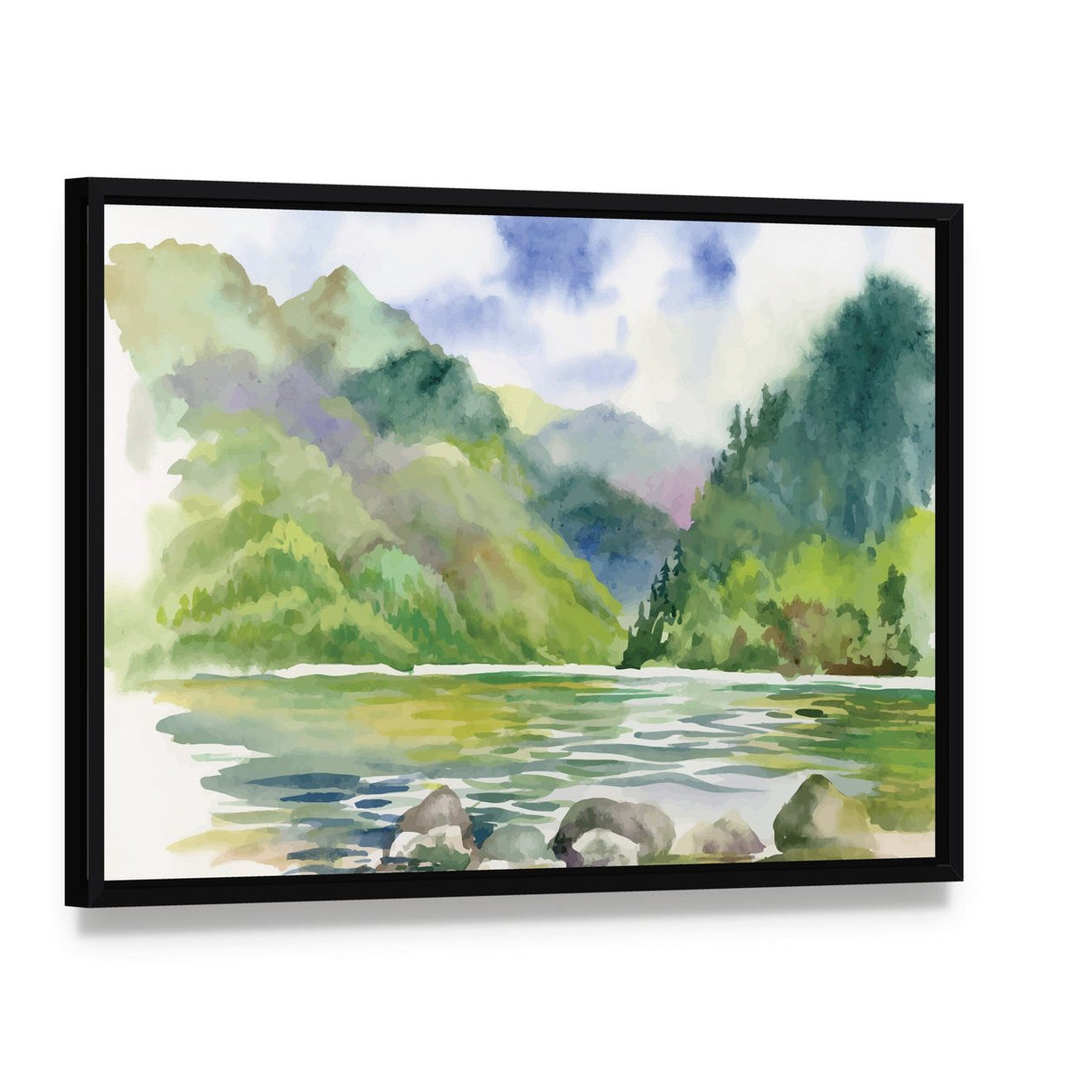 Watercolor Summer River Landscape Canvas Wall Art, framed canvas in a black floater frame, angled product view