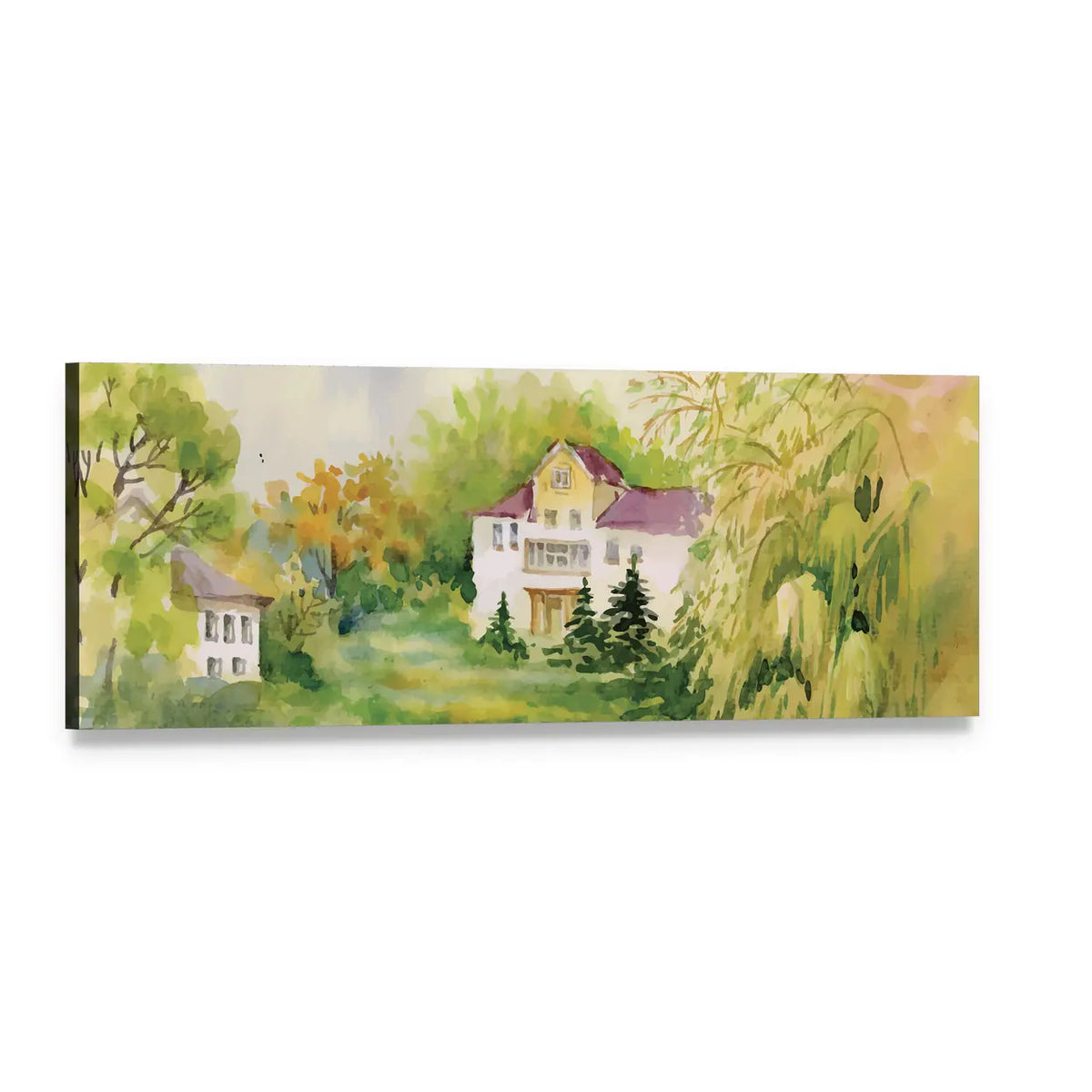 Watercolor Villa in Sunny Meadow Panoramic Canvas Wall Art, single panel gallery wrapped canvas, angled product view