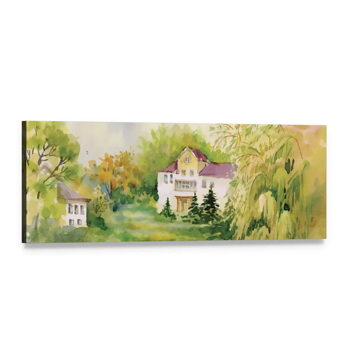 Watercolor Villa in Sunny Meadow Panoramic Canvas Wall Art, single panel gallery wrapped canvas, angled product view