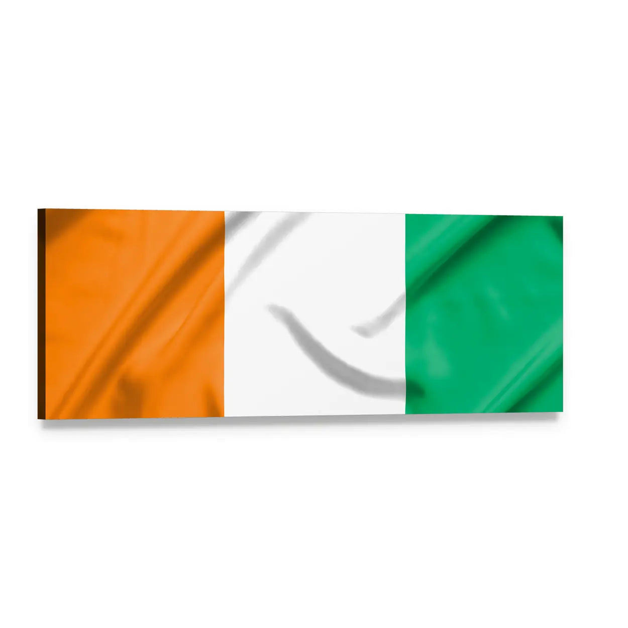 Ivory Coast Draped Tricolor Flag Panoramic Canvas Wall Art, single panel gallery wrapped canvas, angled product view