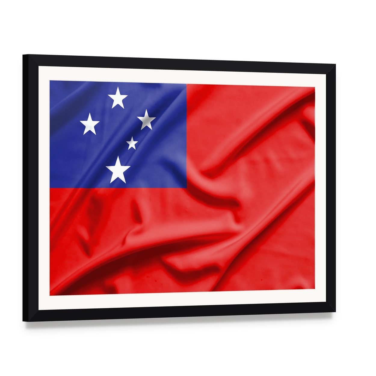 Samoa Flag on Silk Texture Canvas Wall Art, framed print with white mat and black frame, angled product view