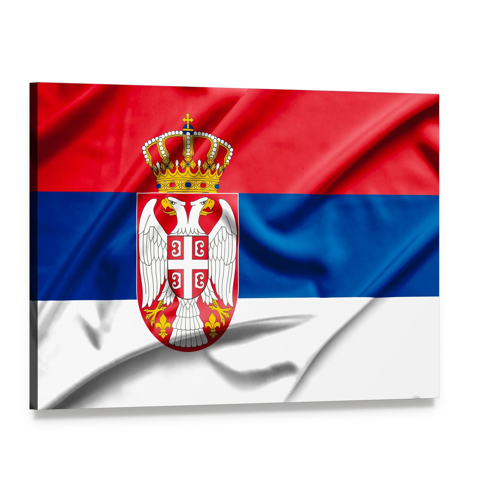 Serbian Flag with Coat of Arms Canvas Wall Art, single panel gallery wrapped canvas, angled product view