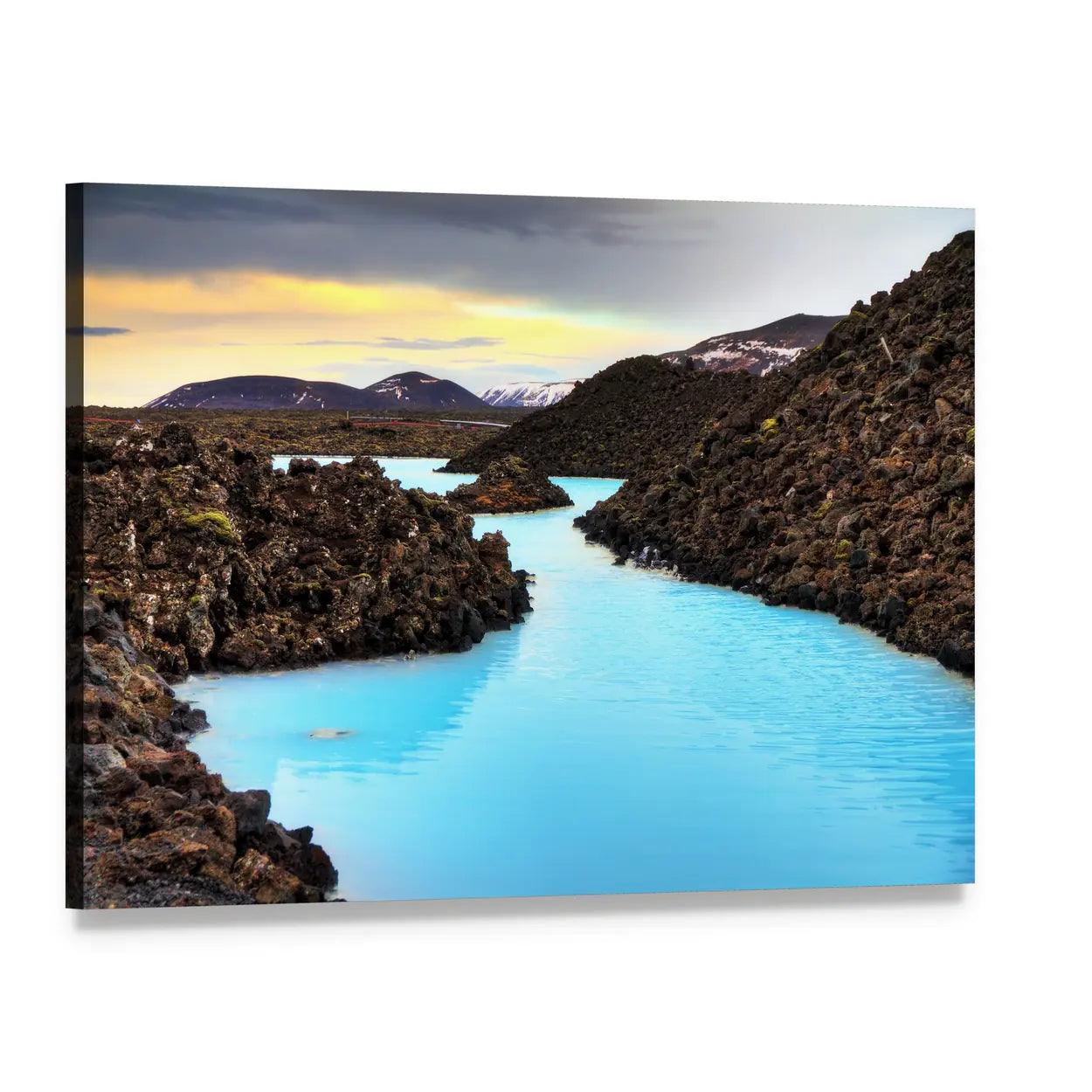 Blue Lagoon in Lava Field Canvas Wall Art, single panel gallery wrapped canvas, angled product view
