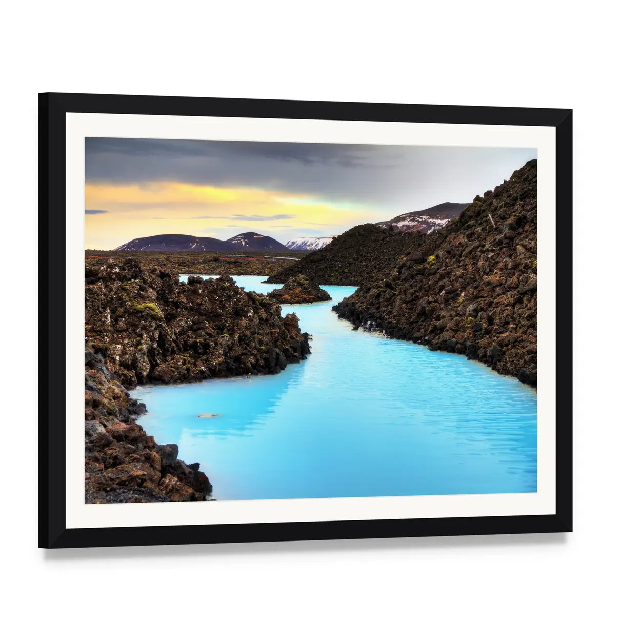 Blue Lagoon in Lava Field Canvas Wall Art, framed print with white mat and black frame, angled product view