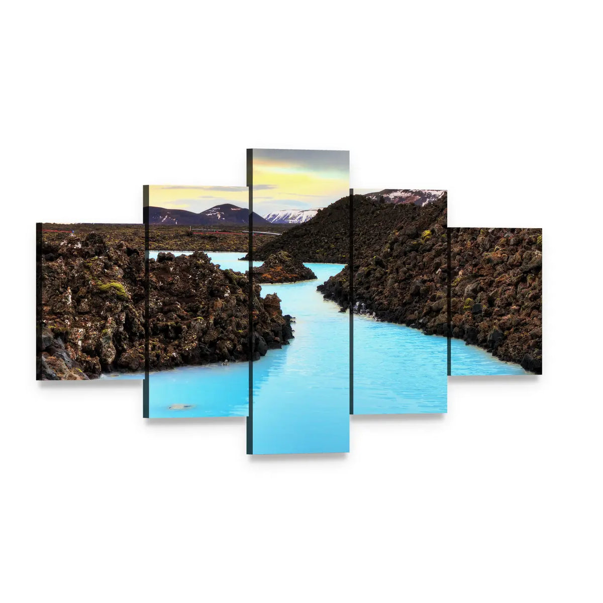 Blue Lagoon in Lava Field Canvas Wall Art, 5 panel 5 Star layout gallery wrapped canvas set, angled product view