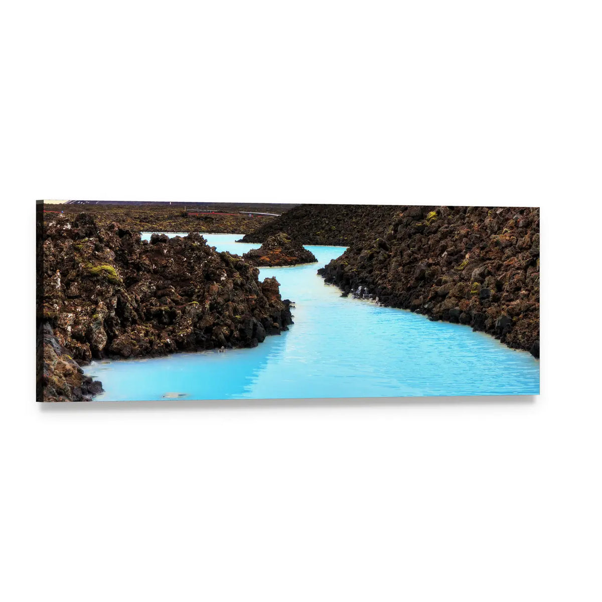 Milky Turquoise Lagoon Among Lava Fields Panoramic Canvas Wall Art, single panel gallery wrapped canvas, angled product view