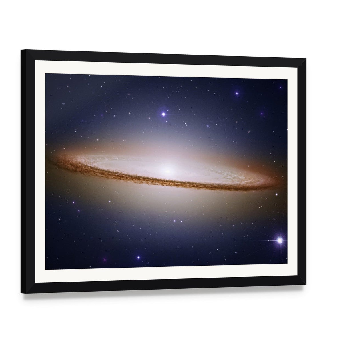 Sombrero Galaxy Canvas Wall Art, framed print with white mat and black frame, angled product view