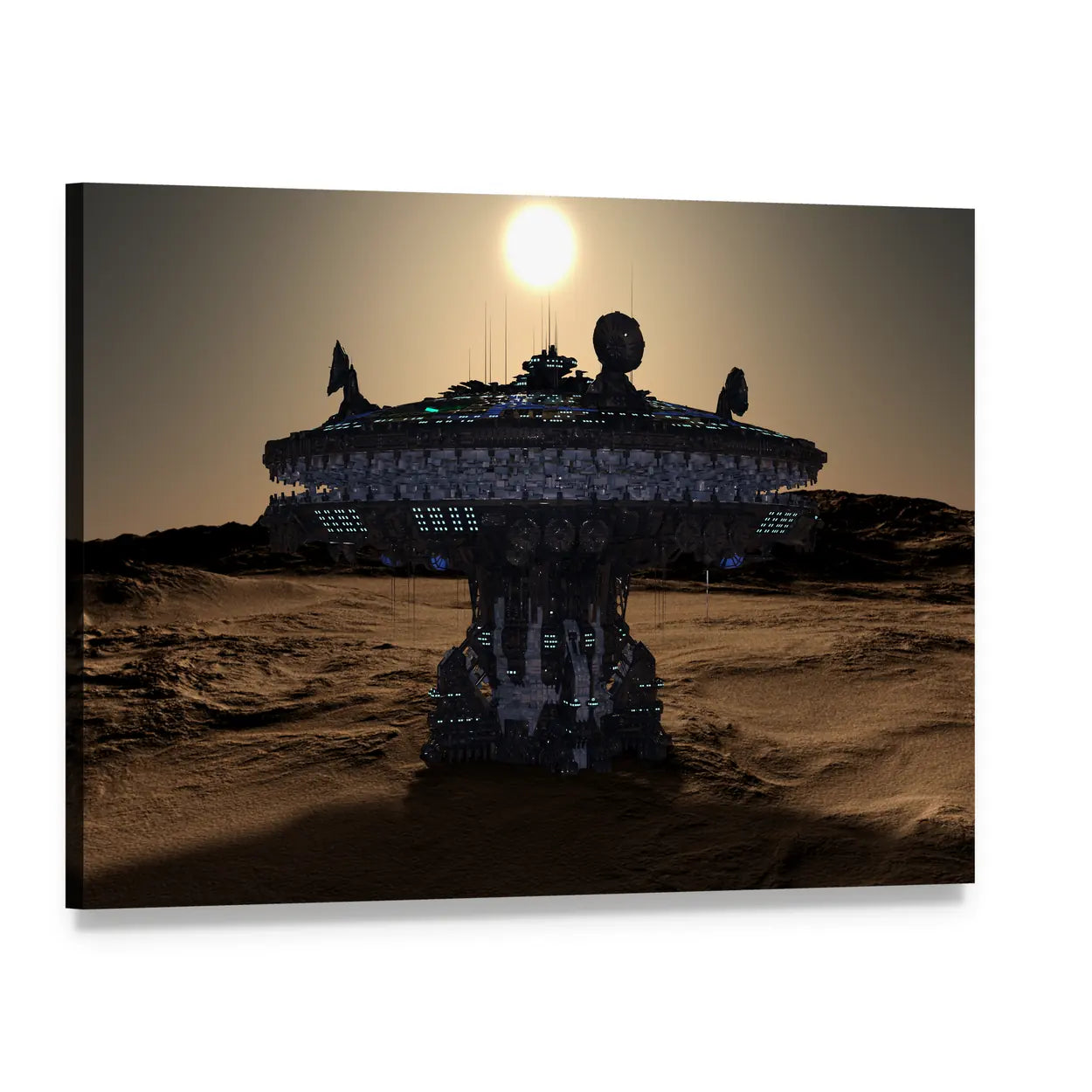 Massive Alien Spacecraft at Desert Sunset Canvas Wall Art, single panel gallery wrapped canvas, angled product view