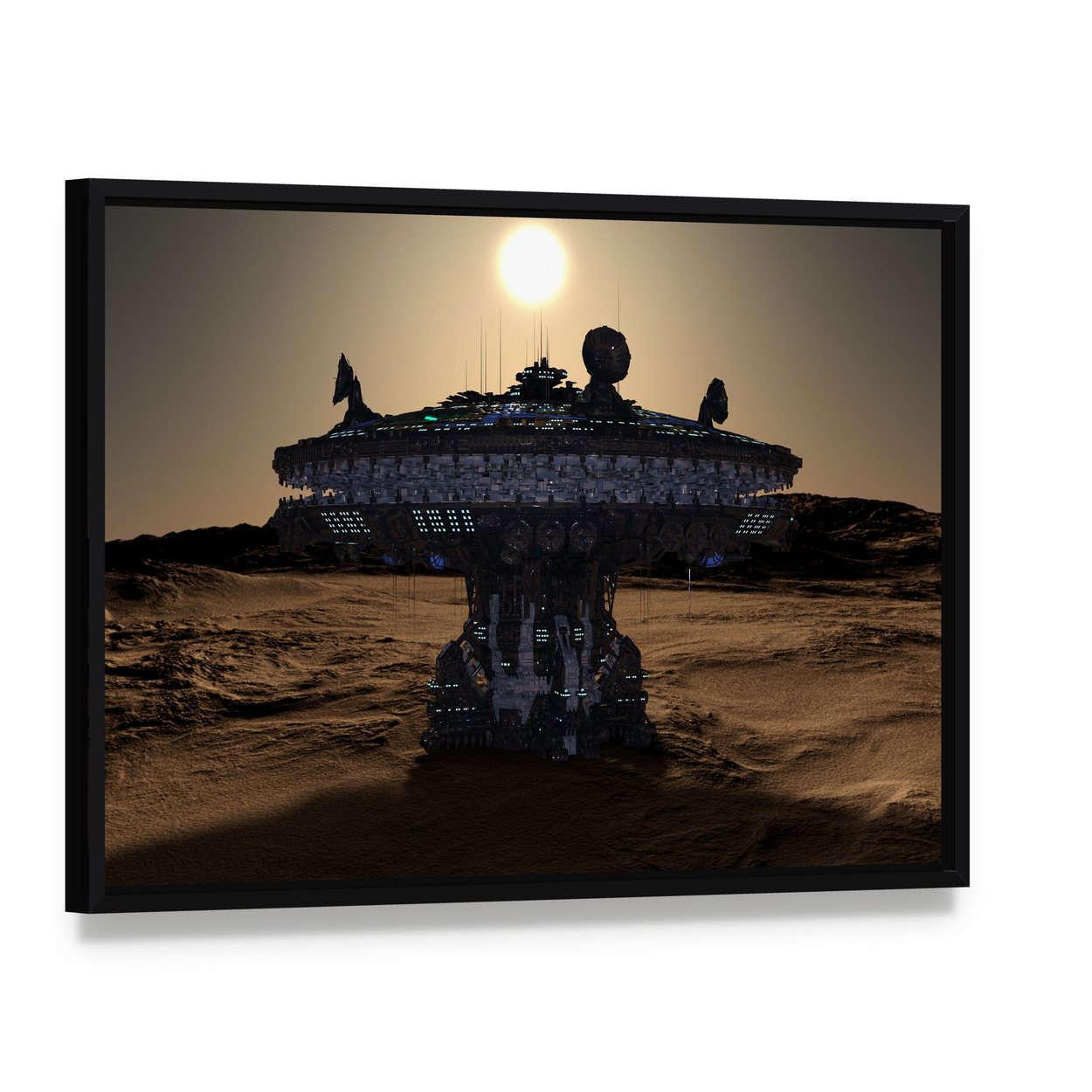 Space Station Canvas Wall Art, framed canvas in a black floater frame, angled product view