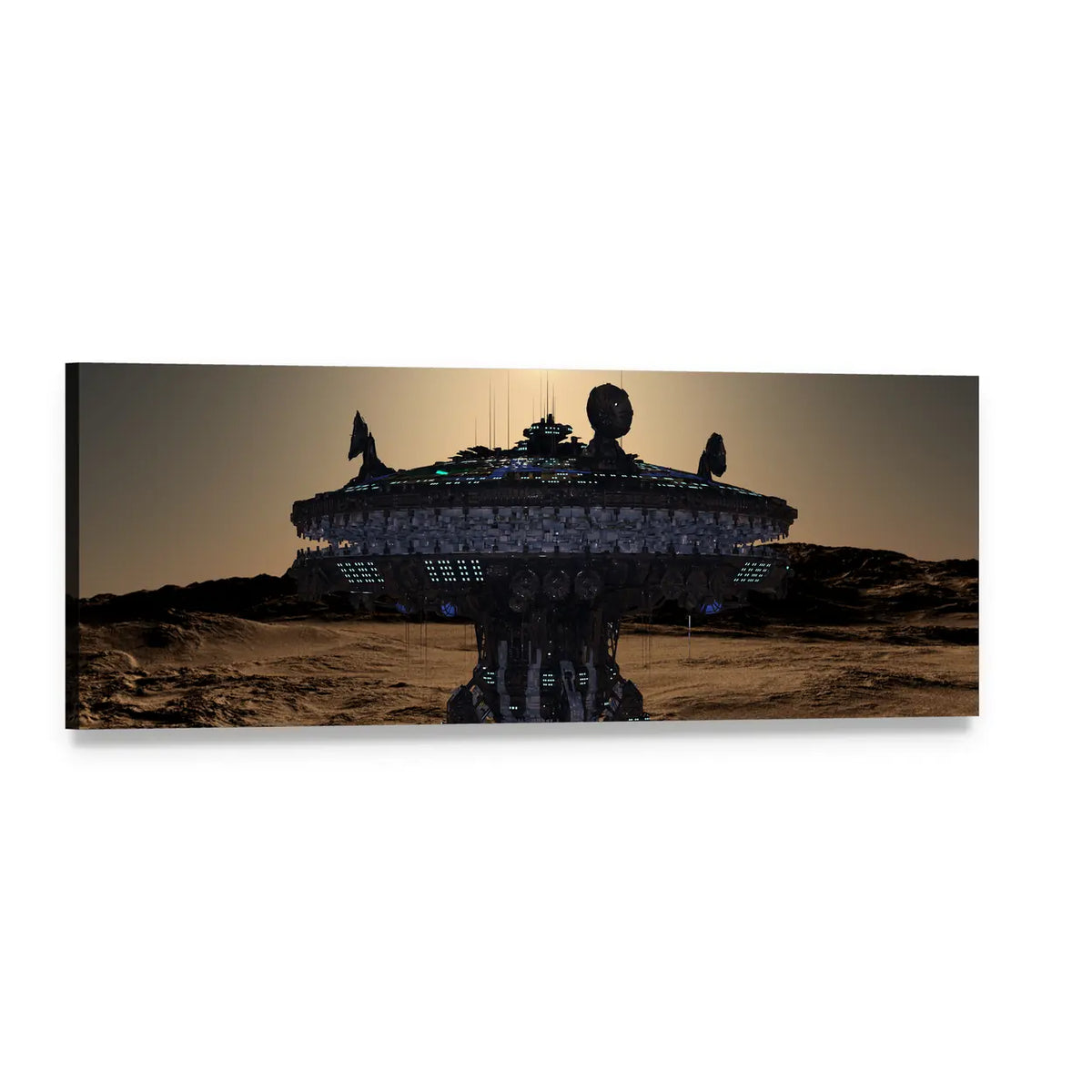 Futuristic Space Station Over Desert Base Panoramic Canvas Wall Art, single panel gallery wrapped canvas, angled product view