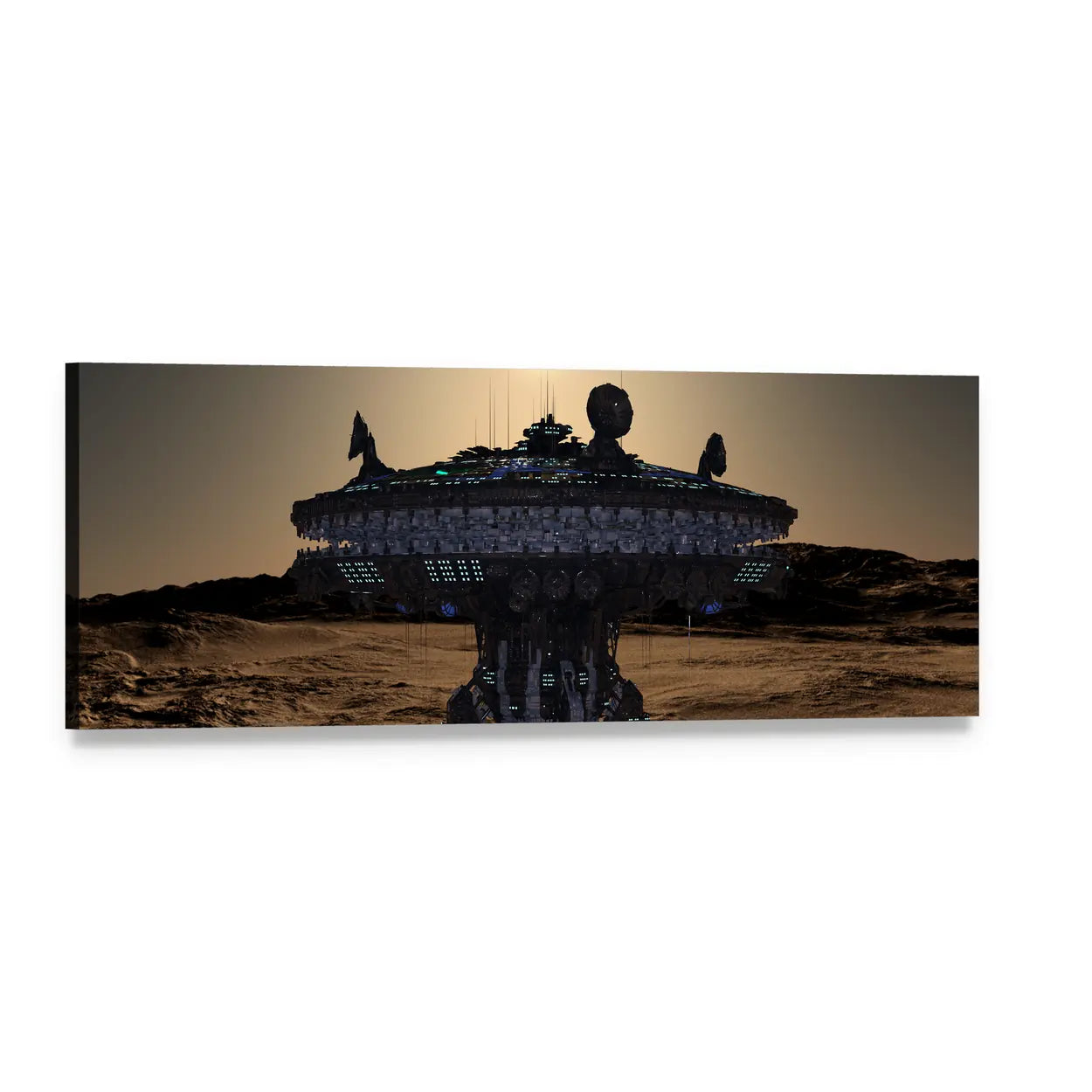 Futuristic Space Station Over Desert Base Panoramic Canvas Wall Art, single panel gallery wrapped canvas, angled product view