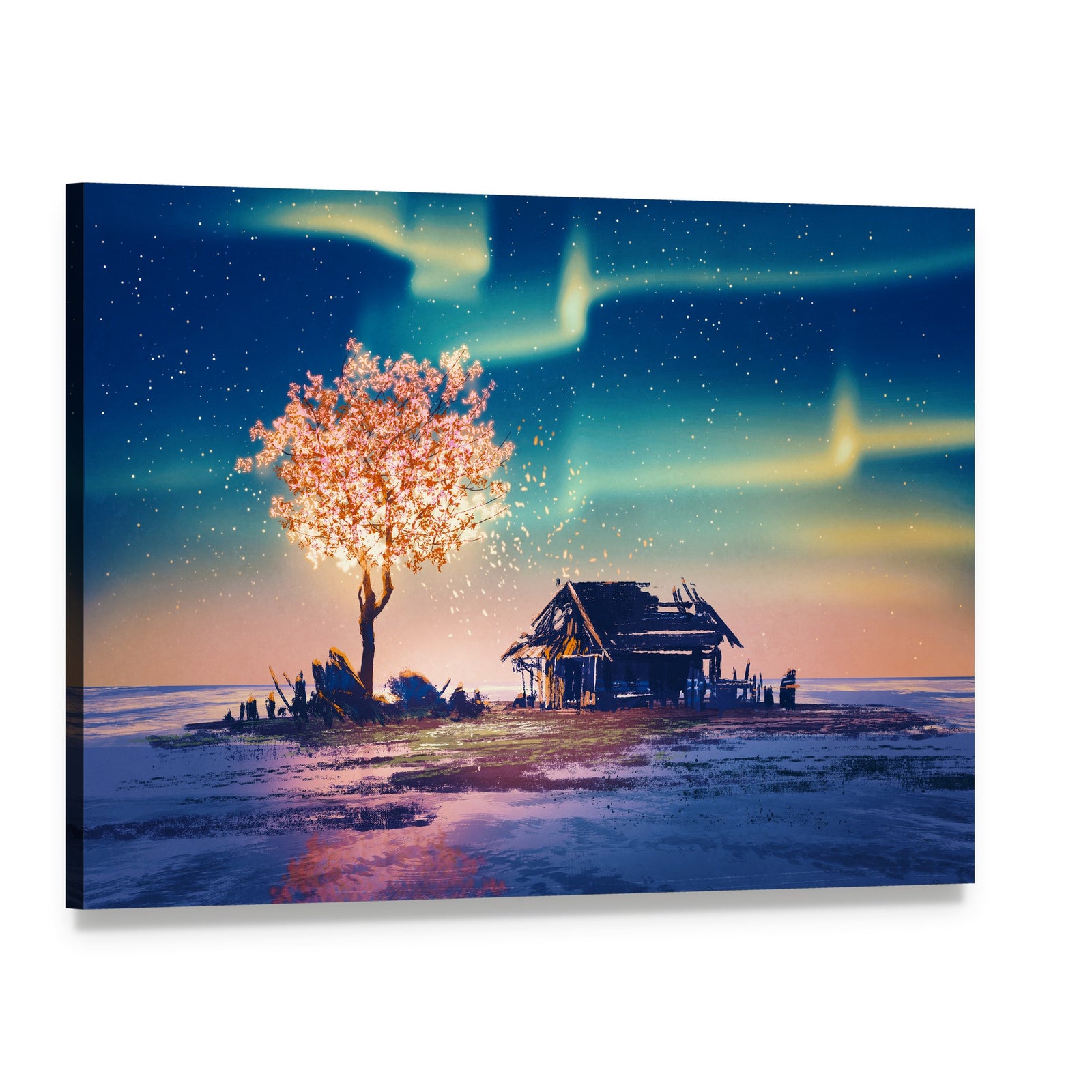 Weathered Hut with Glowing Tree Under Northern Lights Canvas Wall Art, single panel gallery wrapped canvas, angled product view