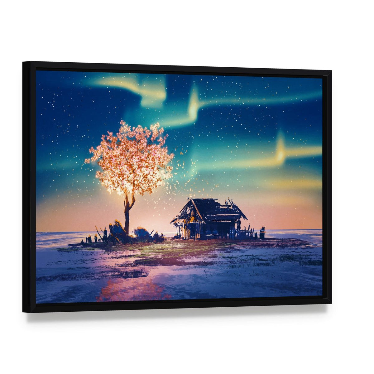 Weathered Hut with Glowing Tree Under Northern Lights Canvas Wall Art, framed canvas in a black floater frame, angled product view