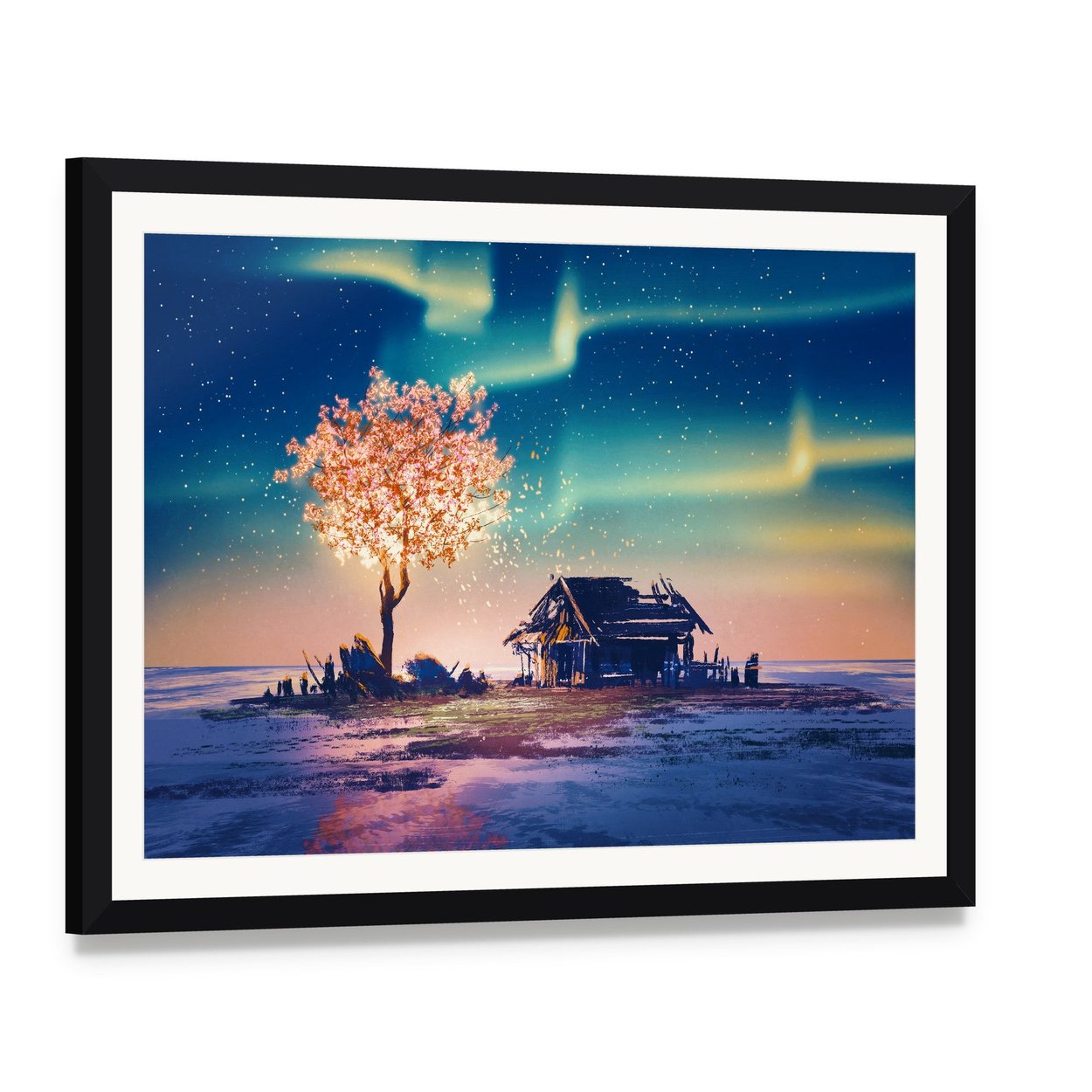 Weathered Hut with Glowing Tree Under Northern Lights Canvas Wall Art, framed print with white mat and black frame, angled product view