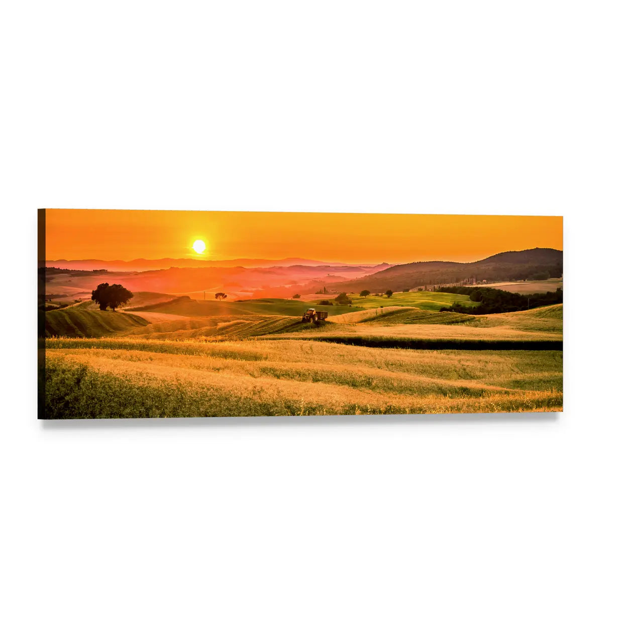 Tractor in Golden Sunrise Fields Panoramic Canvas Wall Art, single panel gallery wrapped canvas, angled product view