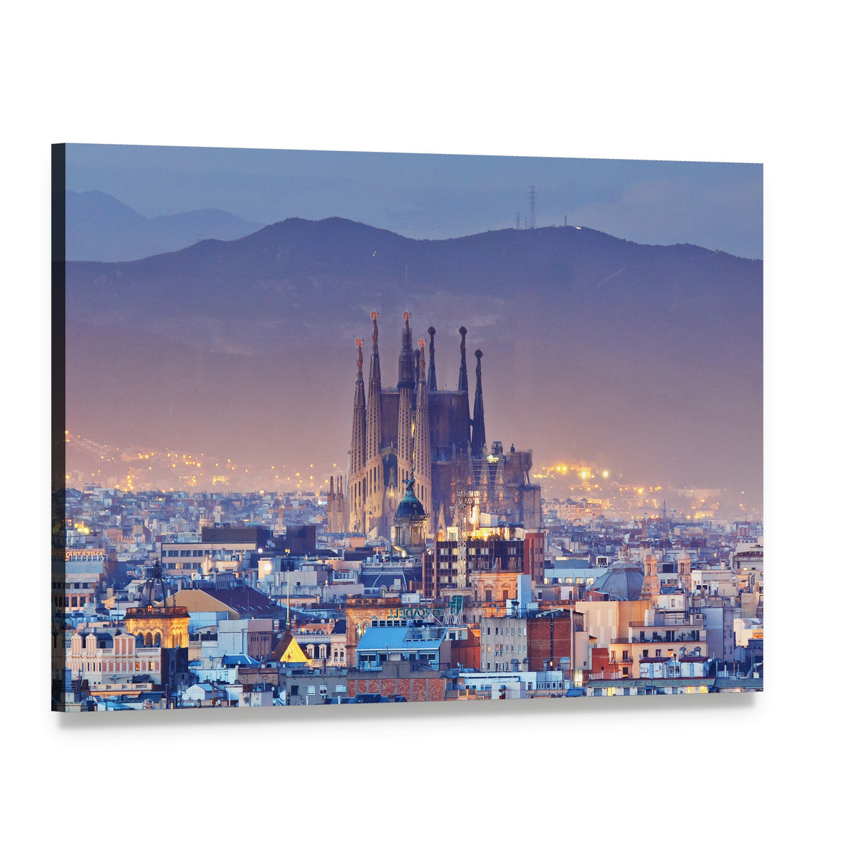 Barcelona at Night Canvas Wall Art, single panel gallery wrapped canvas, angled product view