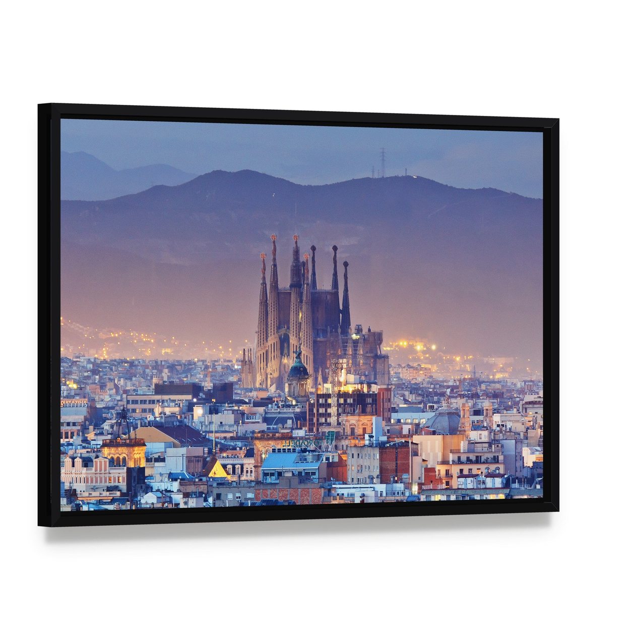 Barcelona at Night Canvas Wall Art, framed canvas in a black floater frame, angled product view
