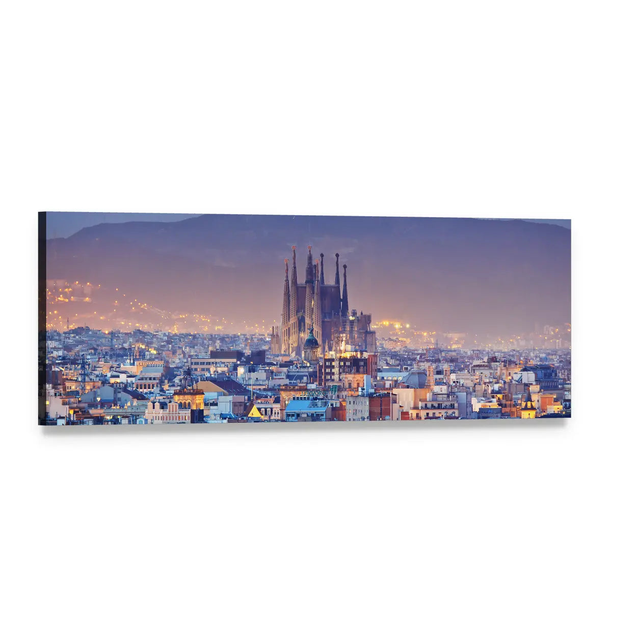 Barcelona at Night Panoramic Canvas Wall Art, single panel gallery wrapped canvas, angled product view