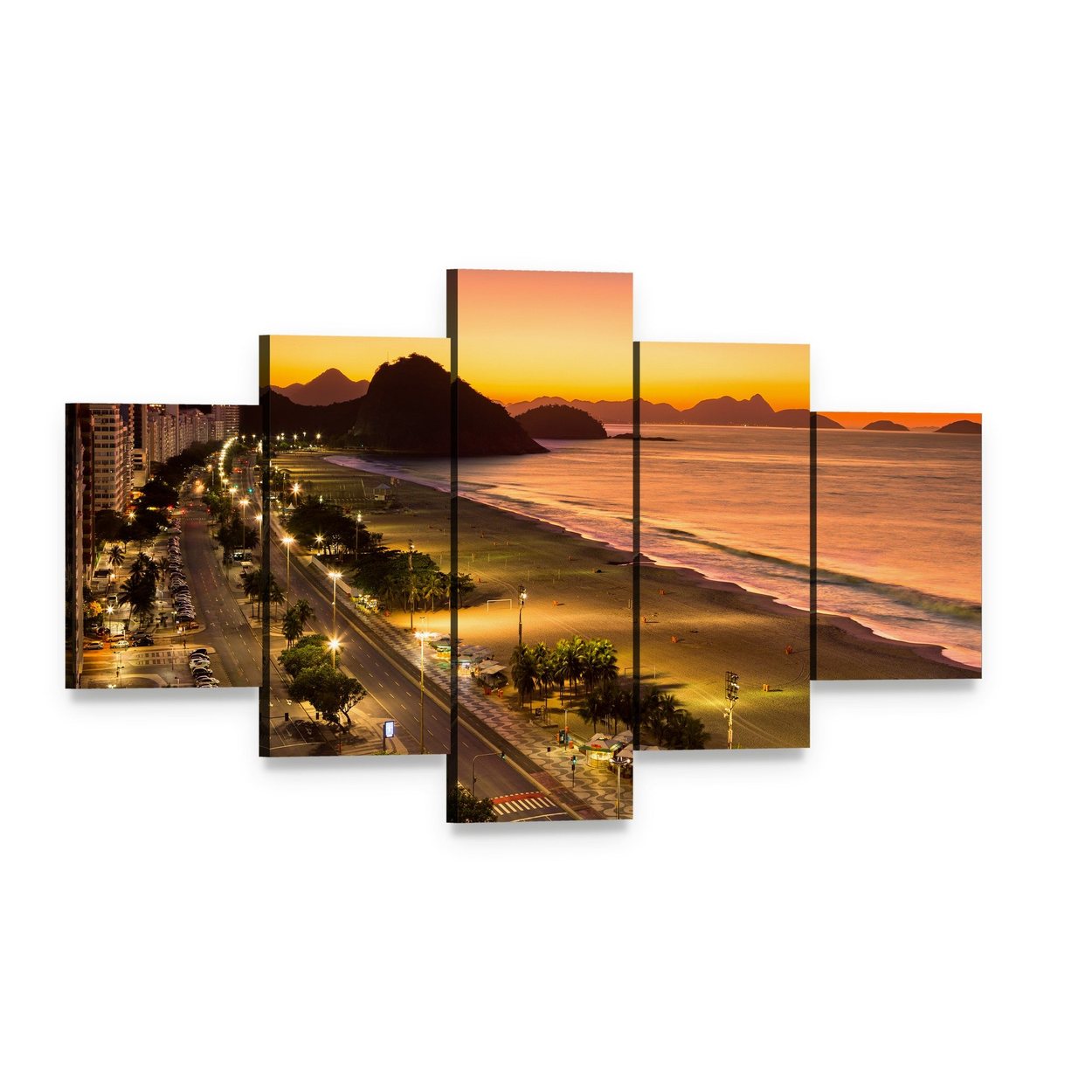 Copacabana Beach at Dawn Canvas Wall Art, 5 panel 5 Star layout gallery wrapped canvas set, angled product view