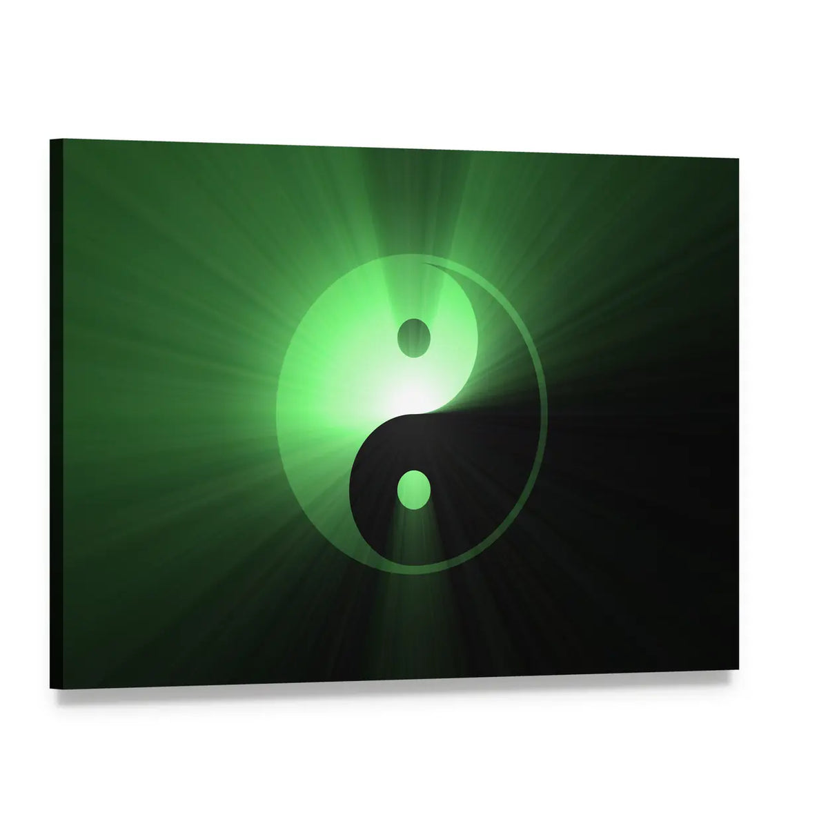 Glowing Green Yin Yang Canvas Wall Art, single panel gallery wrapped canvas, angled product view