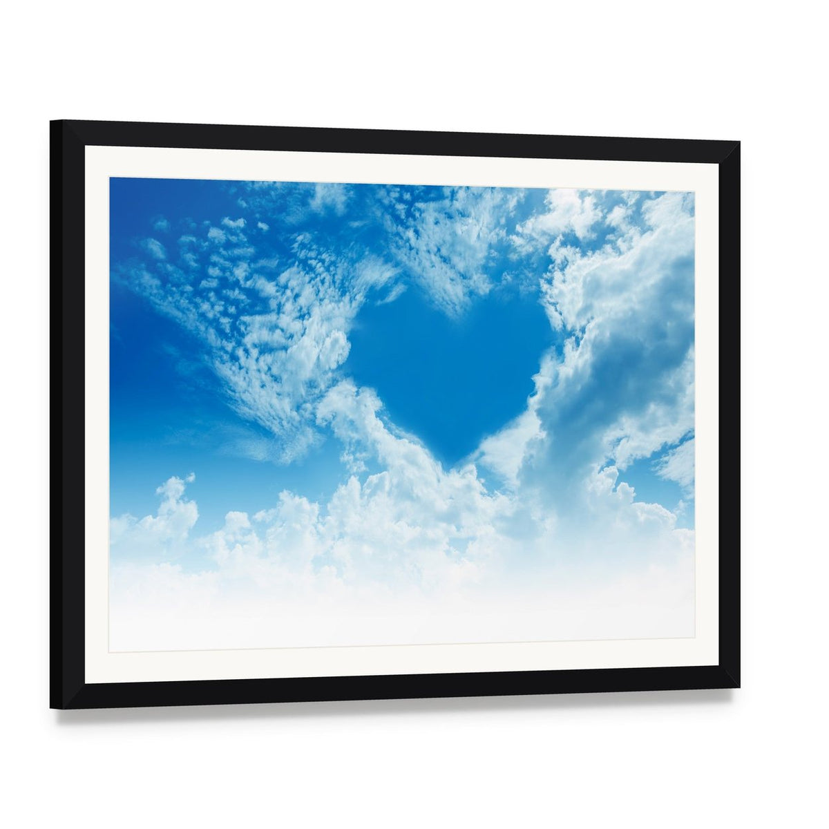 Sky Clouds Forming a Heart Shape Canvas Wall Art, framed print with white mat and black frame, angled product view