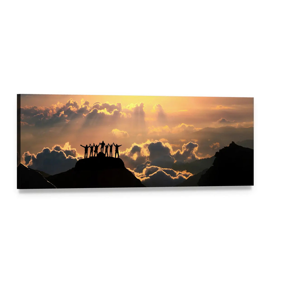 Victorious Silhouettes on Mountain Peak Panoramic Canvas Wall Art, single panel gallery wrapped canvas, angled product view