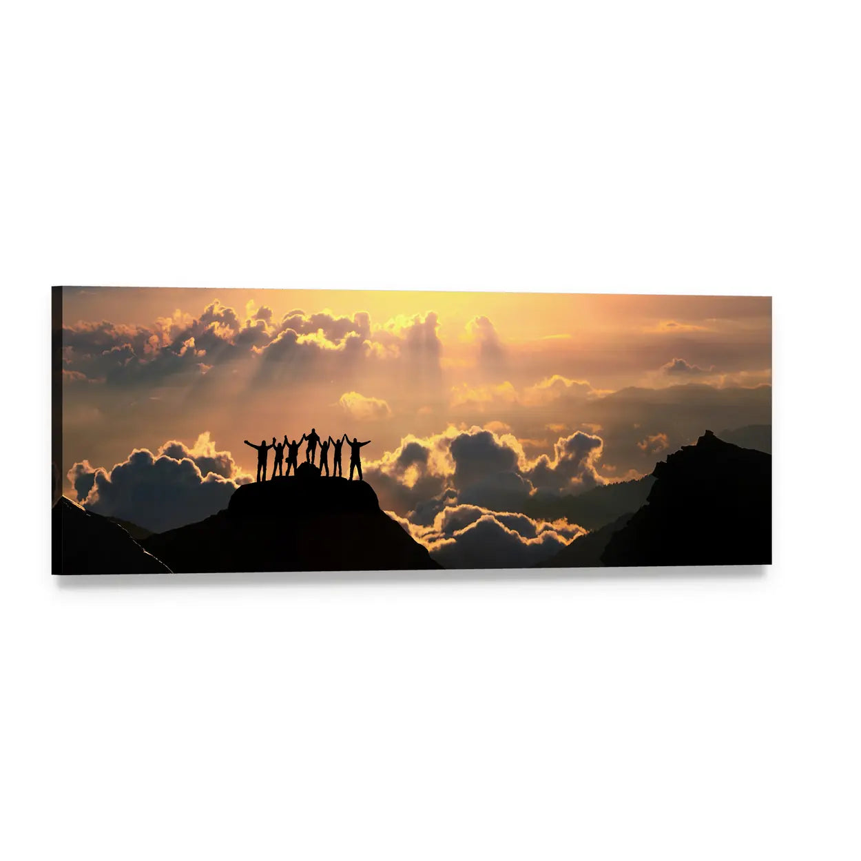 Victorious Silhouettes on Mountain Peak Panoramic Canvas Wall Art, single panel gallery wrapped canvas, angled product view
