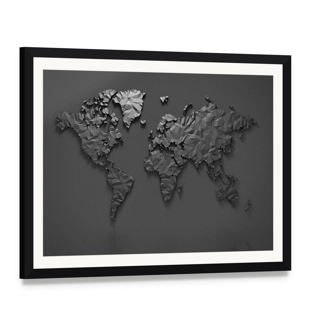 Origami 3d World Map Canvas Wall Art, framed print with white mat and black frame, angled product view