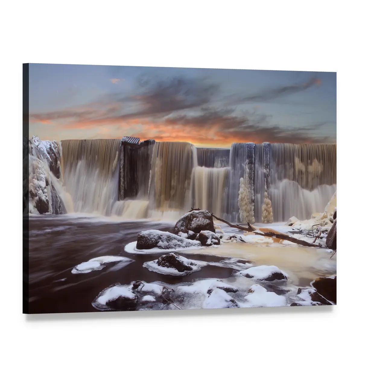 Winter Falls In Finnish Dam Canvas Wall Art, single panel gallery wrapped canvas, angled product view
