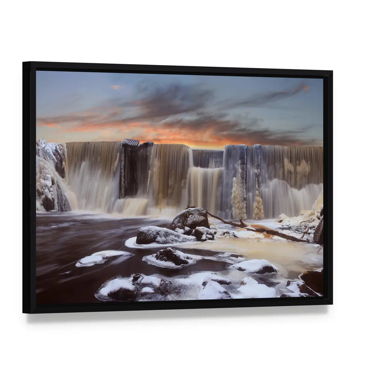 Winter Falls In Finnish Dam Canvas Wall Art, framed canvas in a black floater frame, angled product view