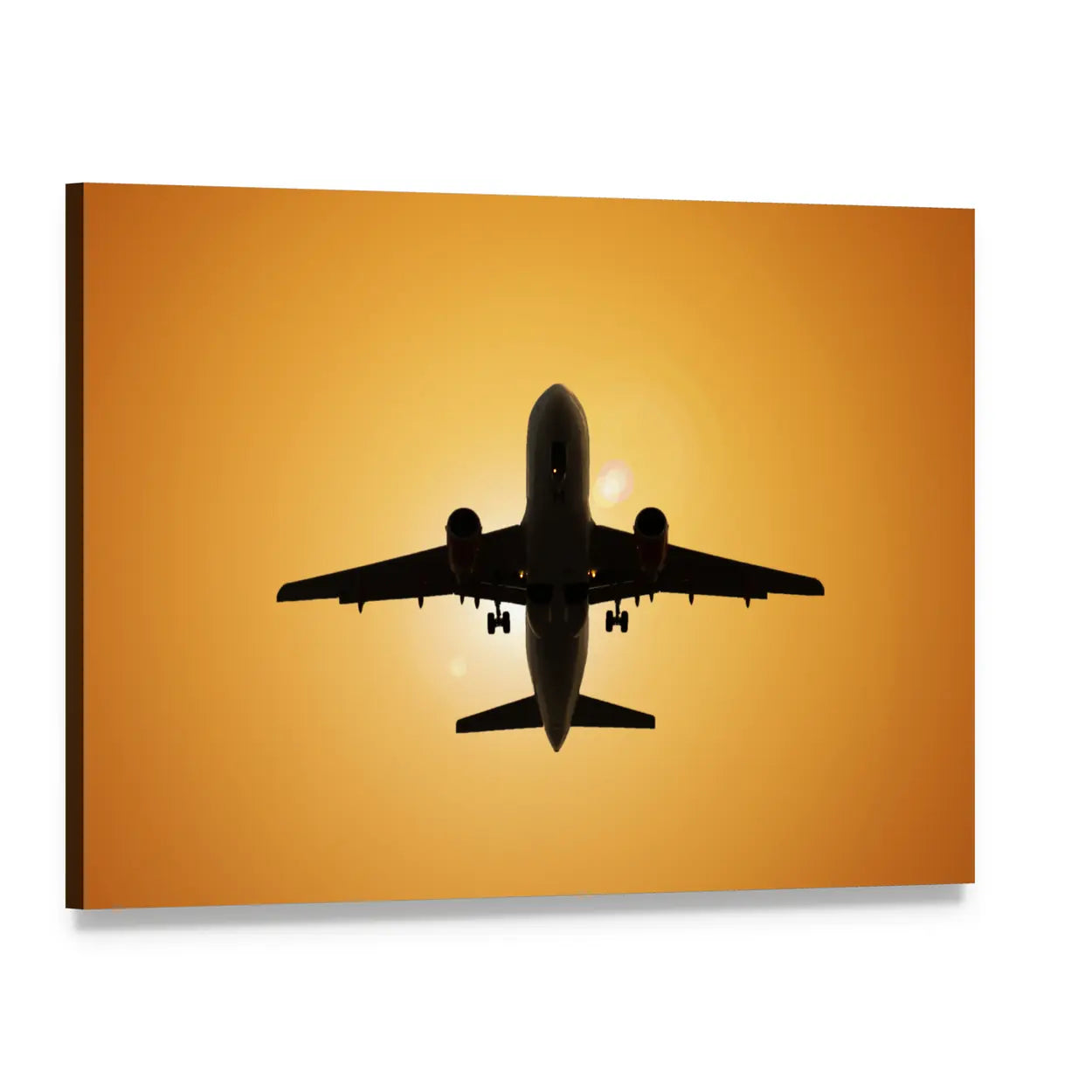 Airplane Silhouette Against the Sun Canvas Wall Art, single panel gallery wrapped canvas, angled product view