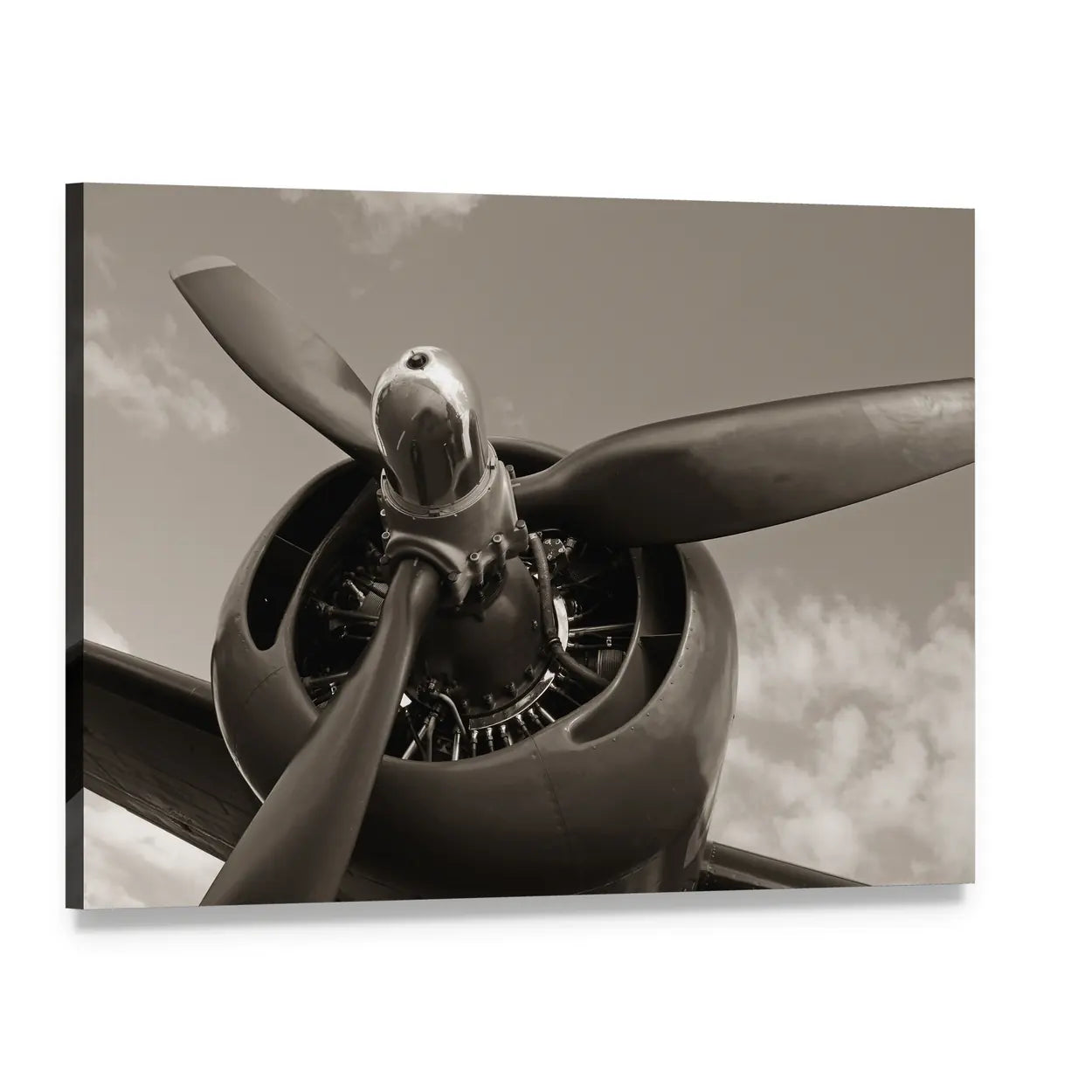 Sepia Airplane Propeller Close-up Canvas Wall Art, single panel gallery wrapped canvas, angled product view