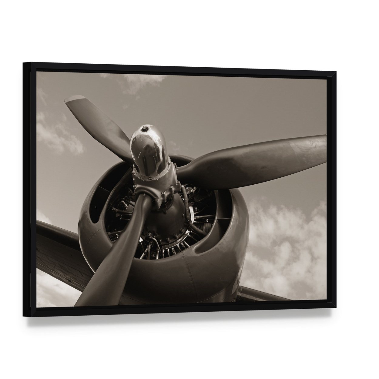Old Airplane Propeller Canvas Wall Art, framed canvas in a black floater frame, angled product view